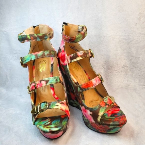 Mona Mia Emelian Multi Black Floral Open Front Strap Wedge Sizes - Picture 3 of 8